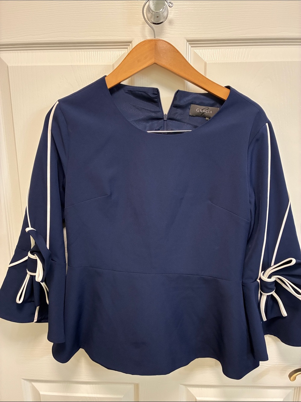 Gracia Navy Top with White Contrast Trim and Tie-Sleeves